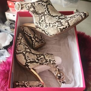 Shoe Dazzle Snakeskin Heeled Boots with Gold Buckle